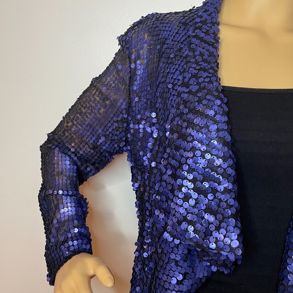 Vintage royal blue sequin layered shawl sweater jacket w ruffles in front 👑 - Picture 4 of 15